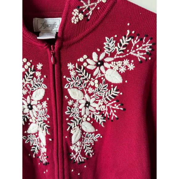 Women's Foxcroft Long Sleeve Full Zip Floral Embroidered Christmas Sweater- Sz M - Picture 3 of 6